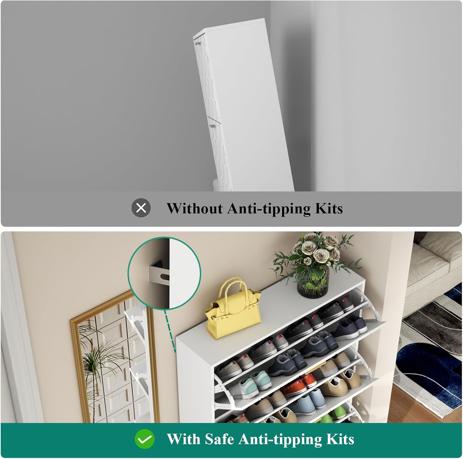 Loomie Shoe Cabinet w/3 Flip Drawers, Shoe Storage Cabinet w/Bench for Entryway, Freestanding Narrow Hidden Shoe Rack Organizer with Open Shelf & Solid Wood Legs for Hallway,Living Room,Closet,White