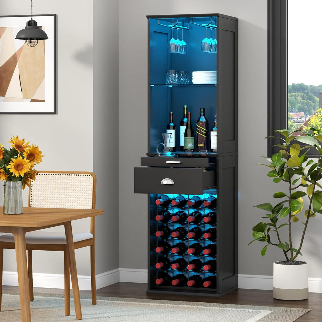 Loomie Wine Bar Cabinet with LED Lights, 65'' Tall Coffee Bar Cabinet with 24 Wine Rack & Glass Holder, Kitchen Storage with Tray & Drawer & Adjustable Shelf (Black)
