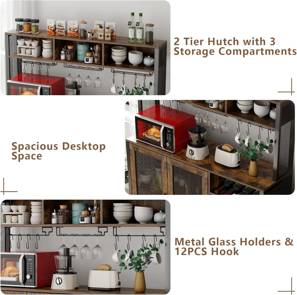 Loomie Wine Bar Cabinet with LED Light, Industrial Coffee Bar with Wine Rack & Glass Holder & 3 Compartments, Kitchen Buffet Sideboard with Storage, Liquor Cabinet, Rustic Brown