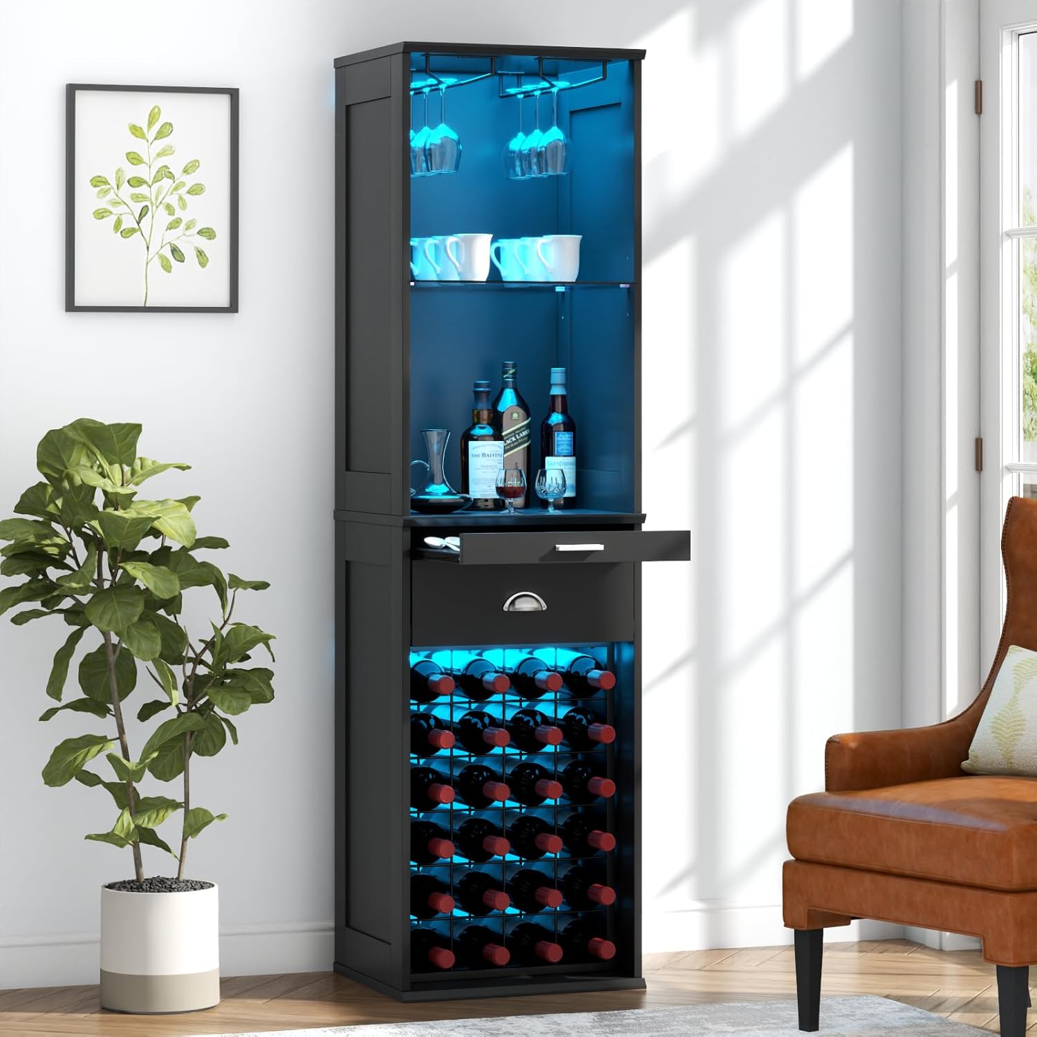 Loomie Wine Bar Cabinet with LED Lights, 65'' Tall Coffee Bar Cabinet with 24 Wine Rack & Glass Holder, Kitchen Storage with Tray & Drawer & Adjustable Shelf (Black)