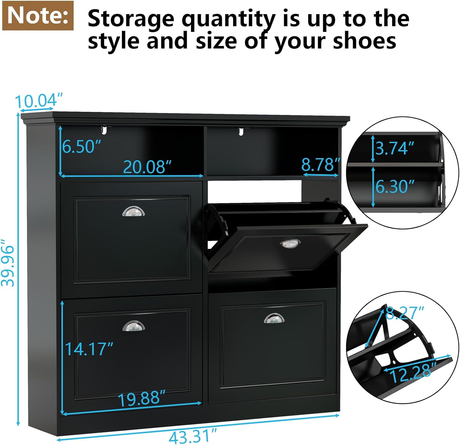 Loomie Shoe Cabinet with 4 Flip Drawers, Freestanding Shoe Storage Cabinet with Open Shelves, Hidden Slim Narrow Shoe Rack Cabinet, Shoe Organizer for Entryway, Foyer, Hallway (Black)