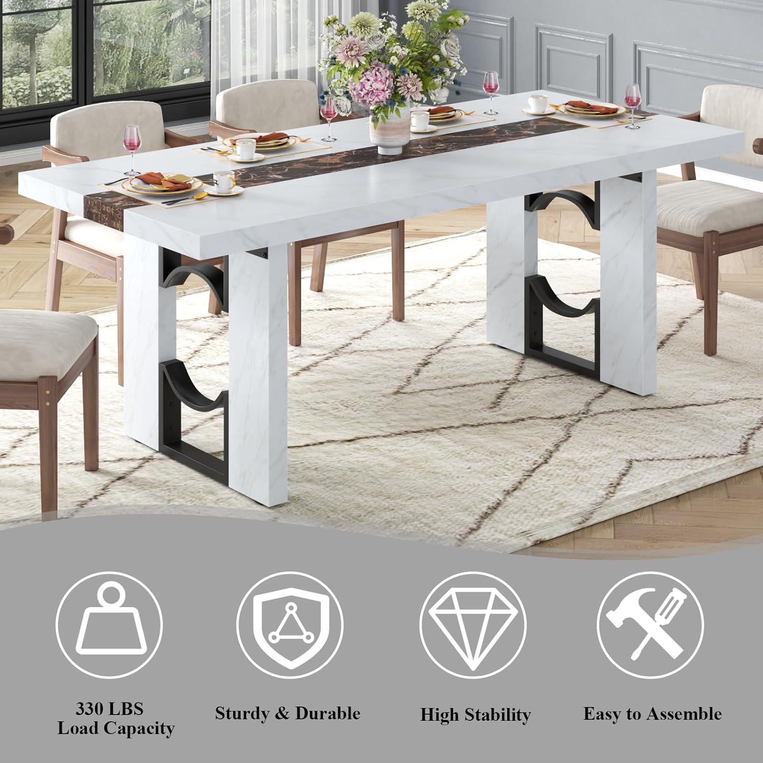 Loomie 71 Inch Dining Table for 6-8 People, Large Rectangular Kitchen Table with Marble-Color Tabletop, 6ft Luxurious Dining Room Table for Living Room, Home Office (White Marble)