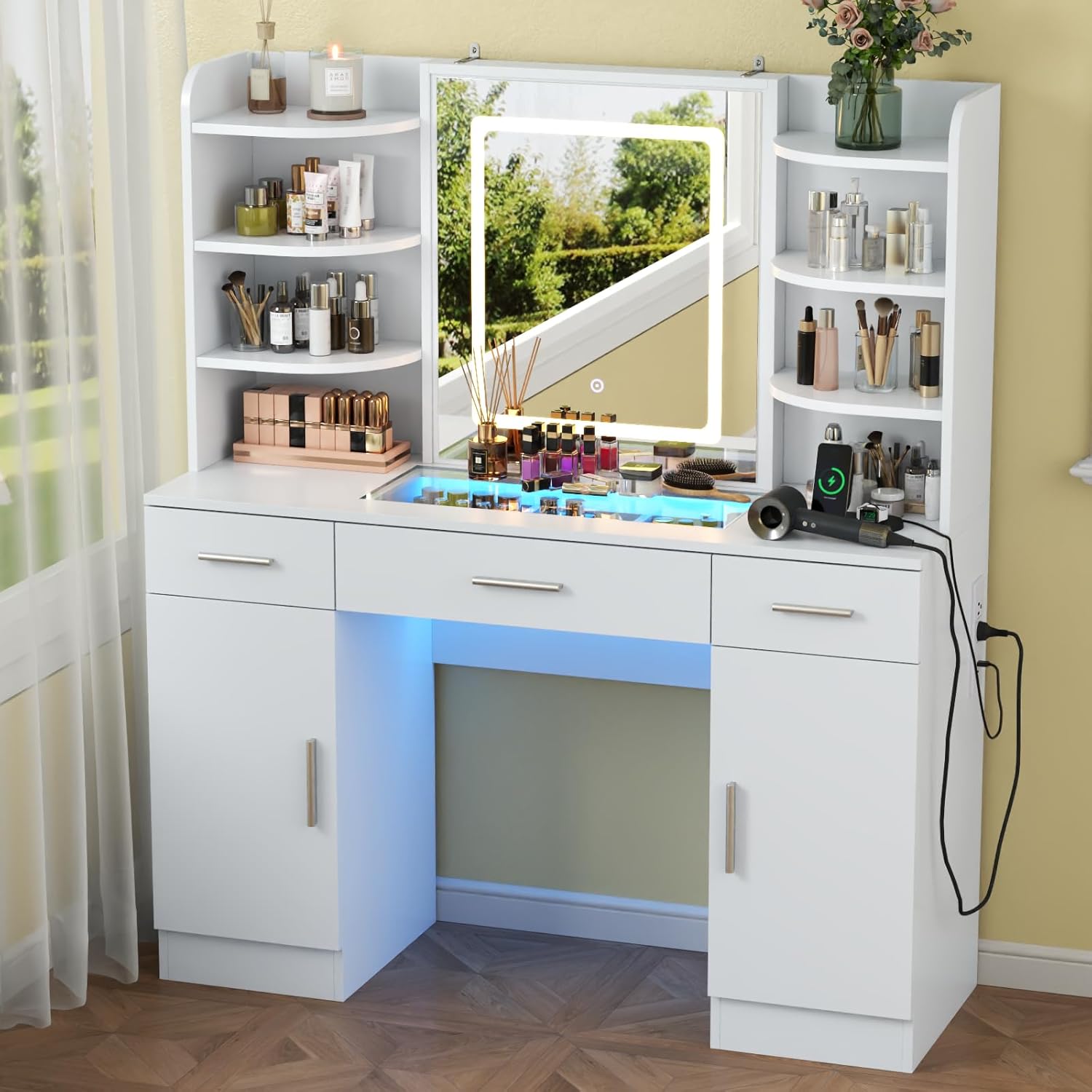 Loomie Vanity Desk with Lighted Mirror & Power Outlet, Makeup Vanity Table with 3 Drawers, 6 Shelves & 2 Cabinets, Tempered Glass Tabletop Dressing Table with LED lights for Bedroom, White (3 Drawers)