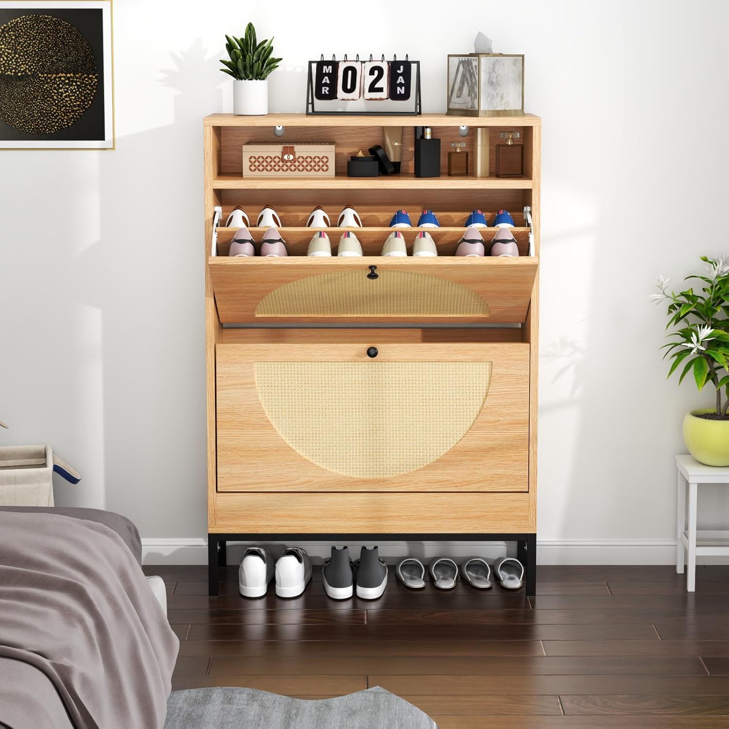 Loomie Rattan Shoe Cabinet, Free Standing Tipping Bucket Shoe Rack Organizer with 2 Flip Drawers,Modern Entryway Narrow Shoe Storage with Top Cubby, Boho Slim Hidden Cabinet with Doors (Natural)