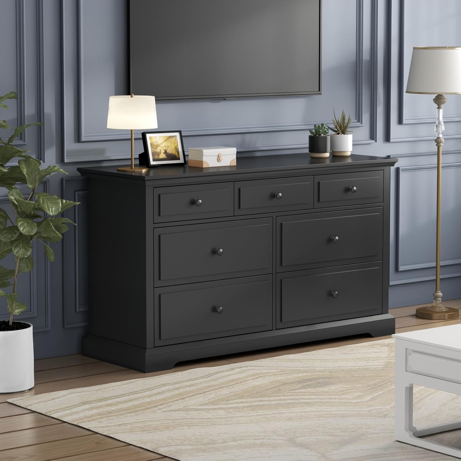 Loomie 7 Drawers Black Double Dressers Chests for Bedroom, Large Storage Dresser Organizer for Bedroom, Long Dresser Tv Stand, Vintage Solid Tall Closet Dresserss with Storage for Living Room, Hallway