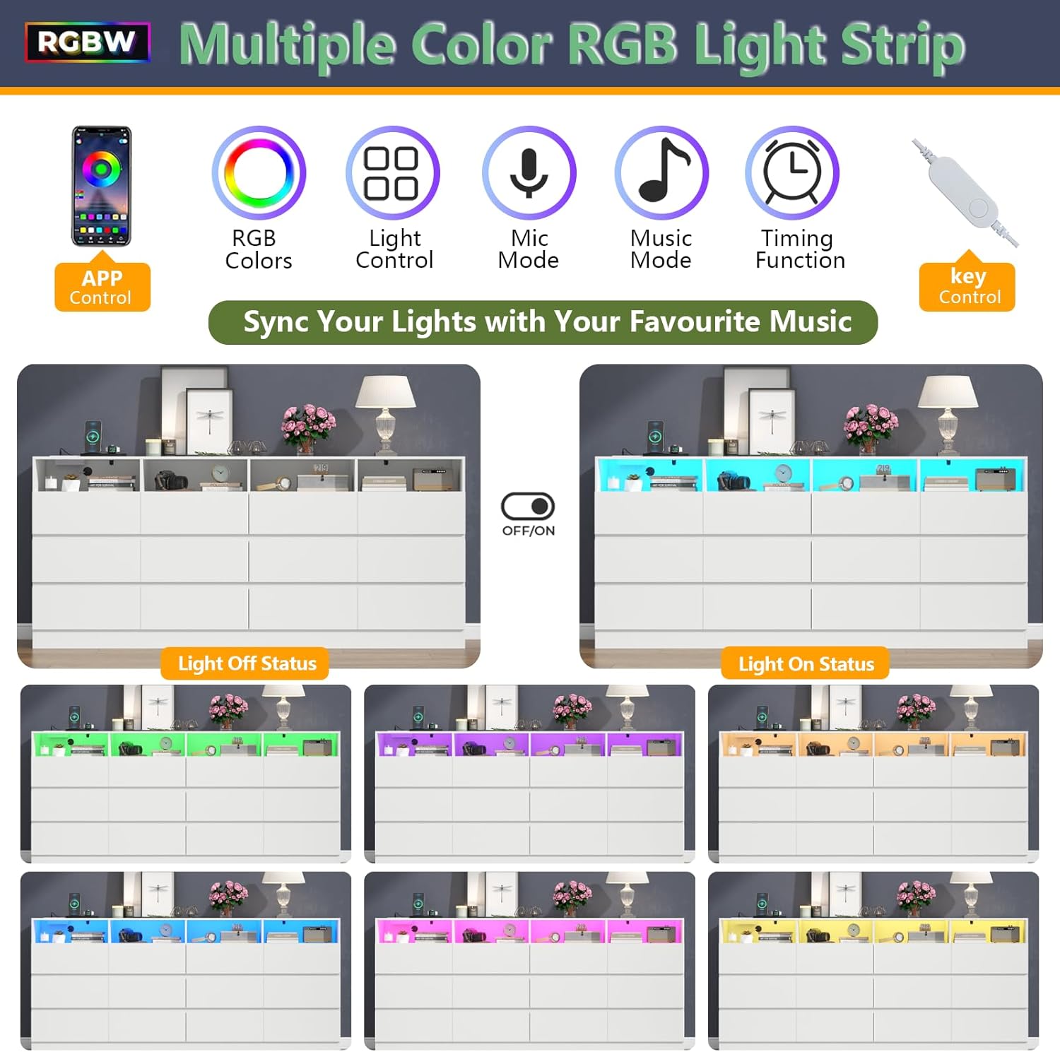 Loomie 12-Cell Divided Drawers White Dresser with Charging Station & Led Lights for Bedroom, Long 63" Wide Dresser TV Stand for TVs up to 75", Large Dressers Organizer with 4 Open Cubbies