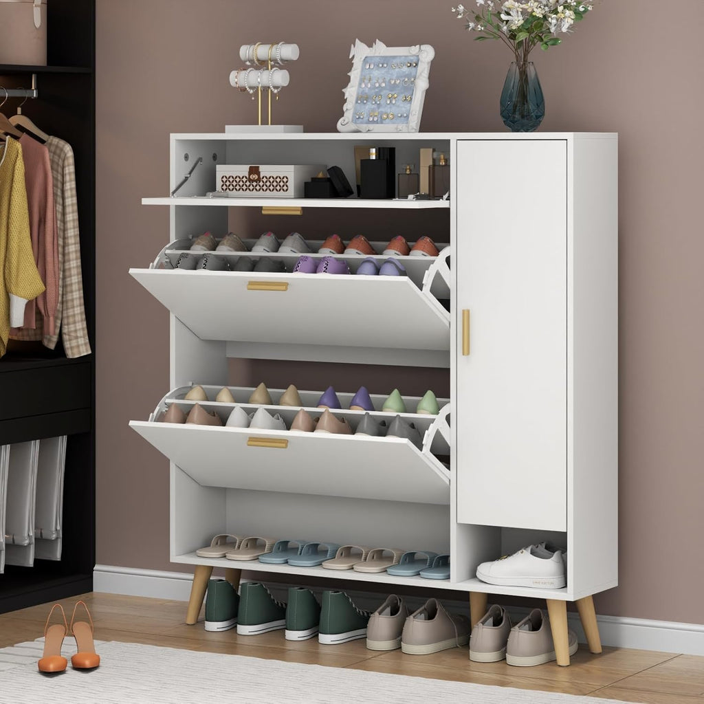 Loomie Narrow Shoe Cabinet with Flip Drawers & Side Cabinet, Hidden Storage with Adjustable Shelf, Slim for Entryway (White)