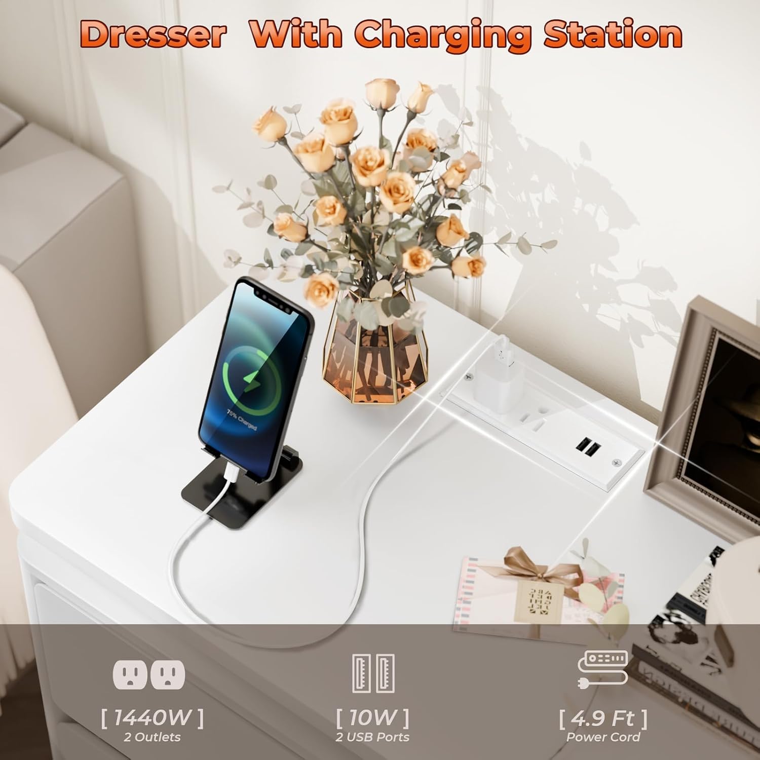 Upgraded 6 Drawer White Dresser for Bedroom, 47.2" Long Chest of Drawers with Charging Station & LED Lights, Wooden Storage Cabinet Dresser for Closet,Modern TV Stand with Deep Drawers