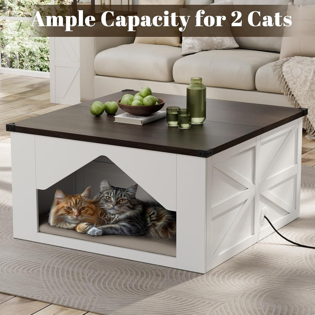 36" Farmhouse Lift Top Coffee Table with Big Cat House, White Wood Square Coffee Table with Storage, Modern Center Table Cat Furniture Condo with Large Hidden Compartment and 2 Drawers for Living Room