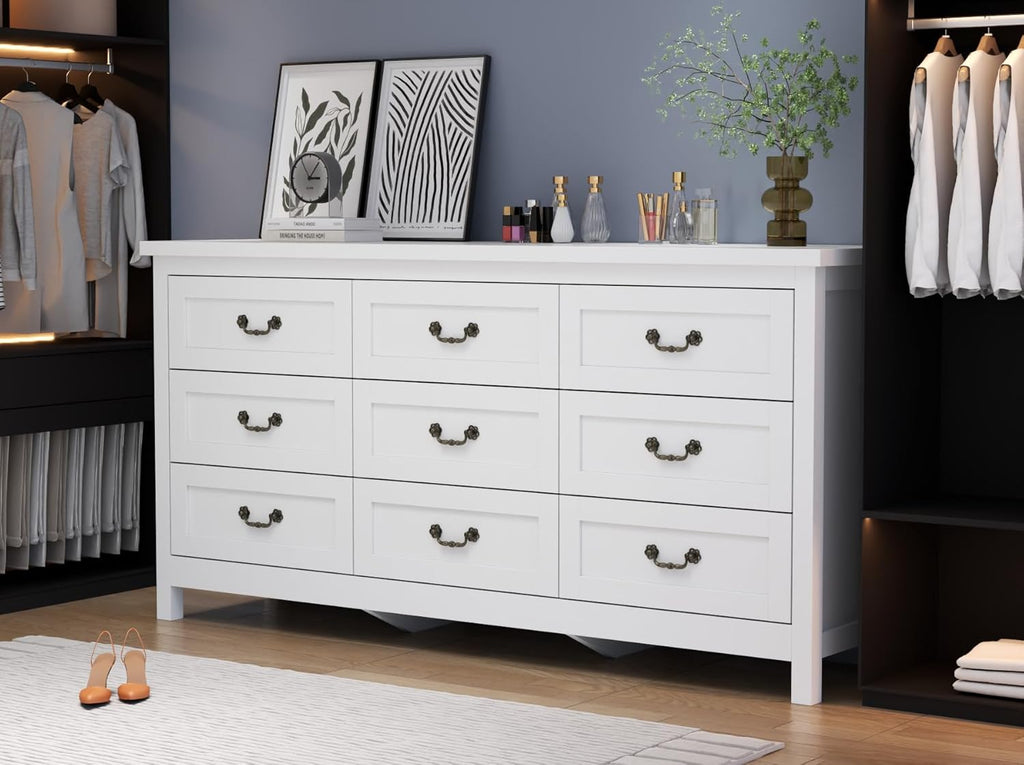 Loomie Upgraded 9-Drawer Dresser for Bedroom, 63" Wide Dresser TV Stand for TVs up to 75", Farmhouse Long Storage Wooden Dressers Organizer, Large Chest of Drawers with Vintage Pull for Closet, White
