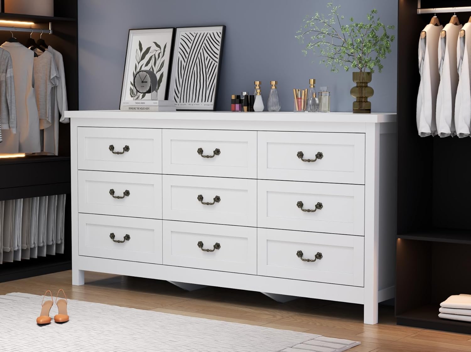 Loomie Upgraded 9-Drawer Dresser for Bedroom, 63" Wide Dresser TV Stand for TVs up to 75", Farmhouse Long Storage Wooden Dressers Organizer, Large Chest of Drawers with Vintage Pull for Closet, White