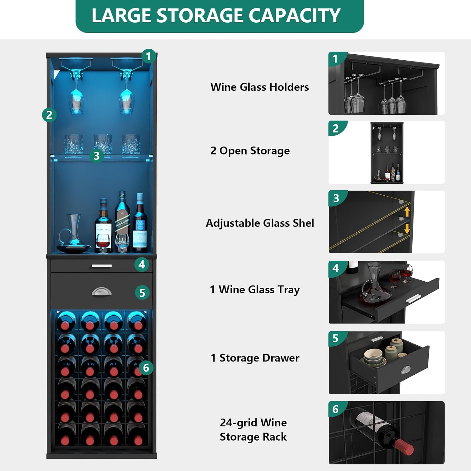 Loomie Wine Bar Cabinet with LED Lights, 65'' Tall Coffee Bar Cabinet with 24 Wine Rack & Glass Holder, Kitchen Storage with Tray & Drawer & Adjustable Shelf (Black)