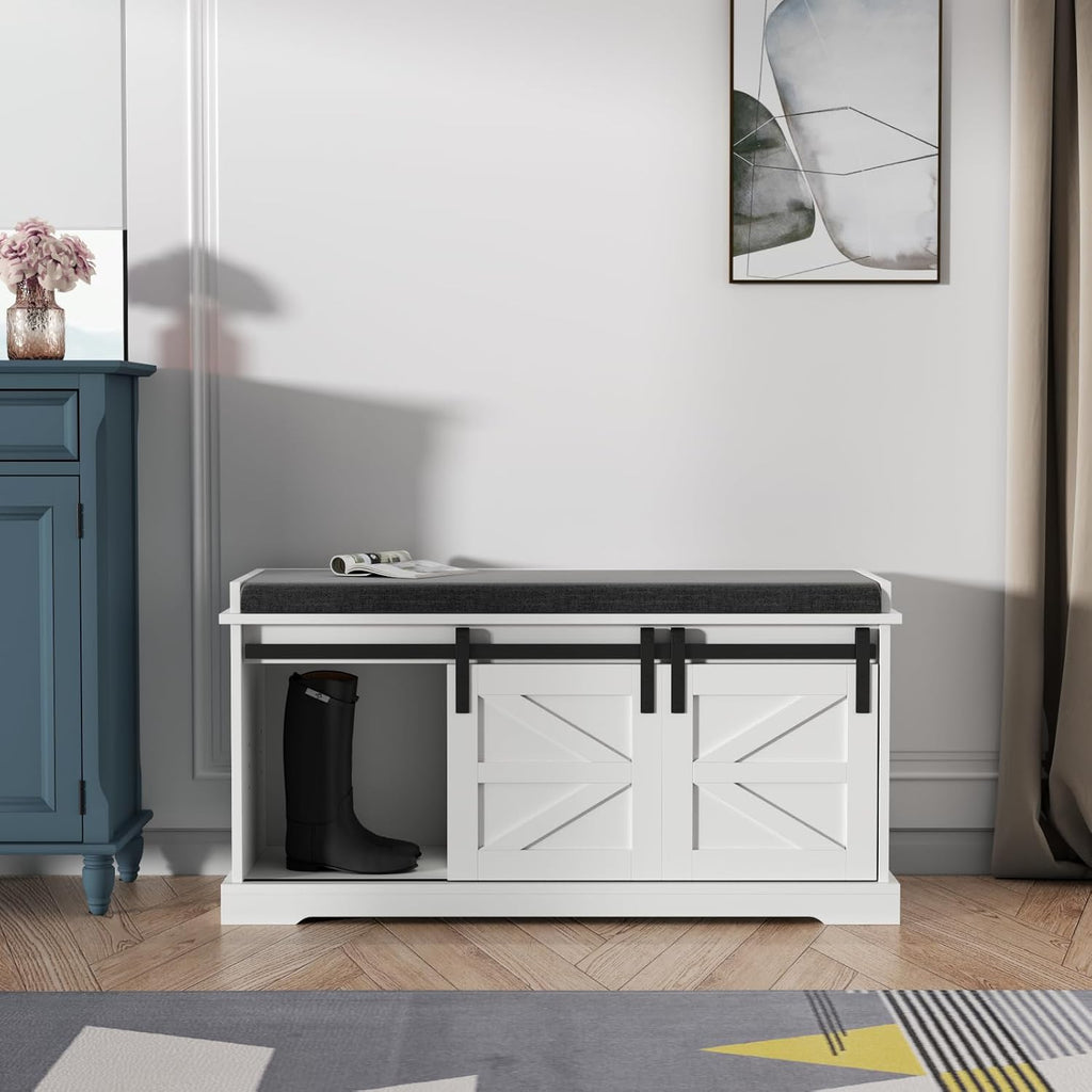 Loomie Shoe Storage Bench, 2-Tier Farmhouse Entryway Bench with Sliding Barn Door Storage Cabinets & Full Soft Removable Seat Cushion, Silm Shoe Rack with Shoe Cabinet for Entryway, Hallway, Bedroom