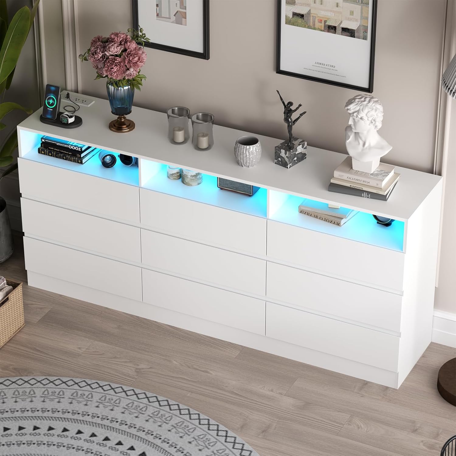 Loomie 9 Drawer Dresser with Power Outlet, Modern Chest of Drawers with LED Light, Long Wide Drawer Dresser Organizer Cabinet with 3 Open Cubbies for Bedroom, Living Room,Entryway (White)