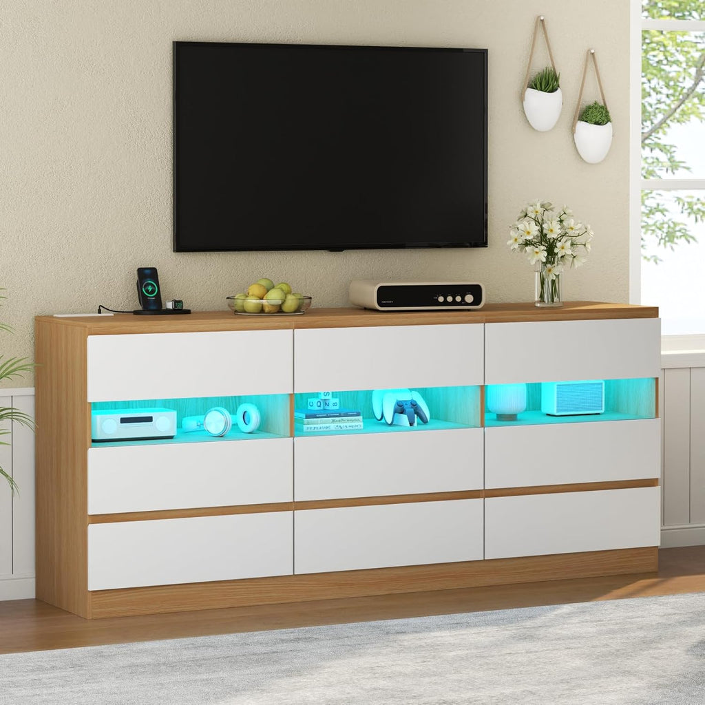 Loomie 9 Drawer Triple Dresser with Charging Station & Led Lights for Bedroom,Long 63" Dresser TV Stand for TVs up to 75",Wide Large Drawer Dressers Organizer with 3 Cubbies for Hallway, Light Wood