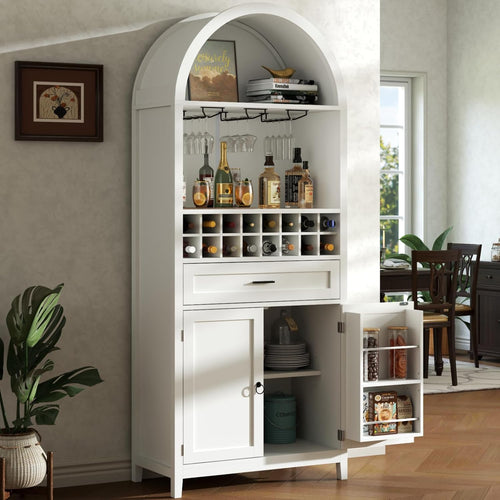 75.7" Tall Arched Wine Bar Cabinet, Bar Cabinets with Glass Holders & Wine Rack, Liquor Cabinet for Home, Kitchen Pantry W/Drawer & Shelves, Versatile Cupboard for Dining Room (White)