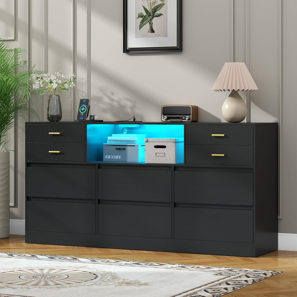 Loomie Upgraded 10 Drawer Black Dresser with Charging Station & Led Lights for Bedroom, 58" Long Triple Wide Dresser TV Stand for TVs up to 65", Wide Chest of Drawer, Large Dressers Organizer wCubby