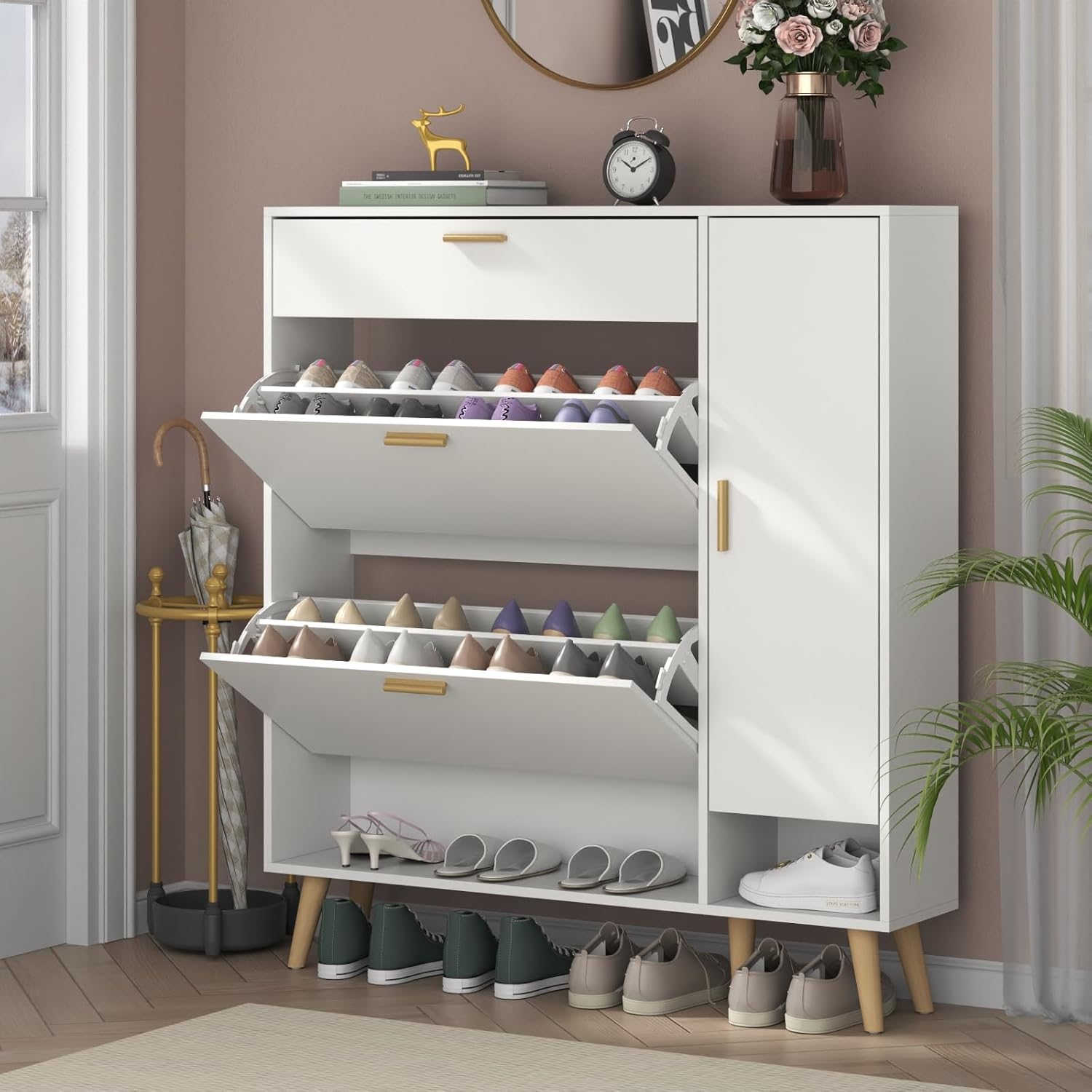 Loomie Narrow Shoe Cabinet with Flip Drawers & Side Cabinet, Hidden Storage with Adjustable Shelf, Slim for Entryway (White)