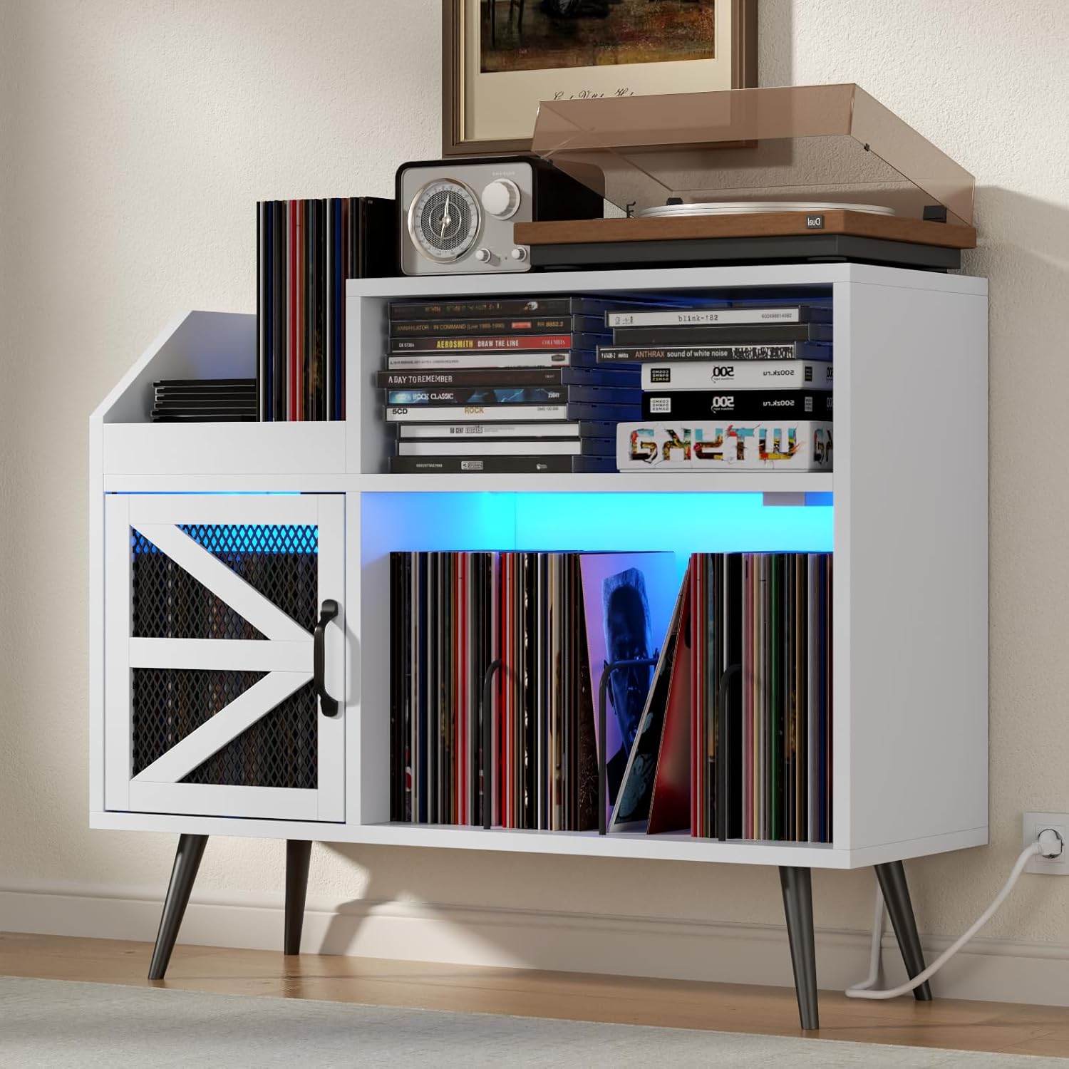 Large White Record Player Stand with Magnetic Door,350 Vinyl Record Storage Cabinet, Record Player Table with Power Outlet and LED Light,Turntable Stand with Wood Legs for Living Room