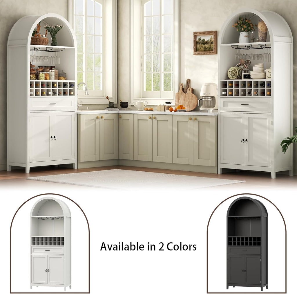 75.7" Tall Arched Wine Bar Cabinet, Bar Cabinets with Glass Holders & Wine Rack, Liquor Cabinet for Home, Kitchen Pantry W/Drawer & Shelves, Versatile Cupboard for Dining Room (White)