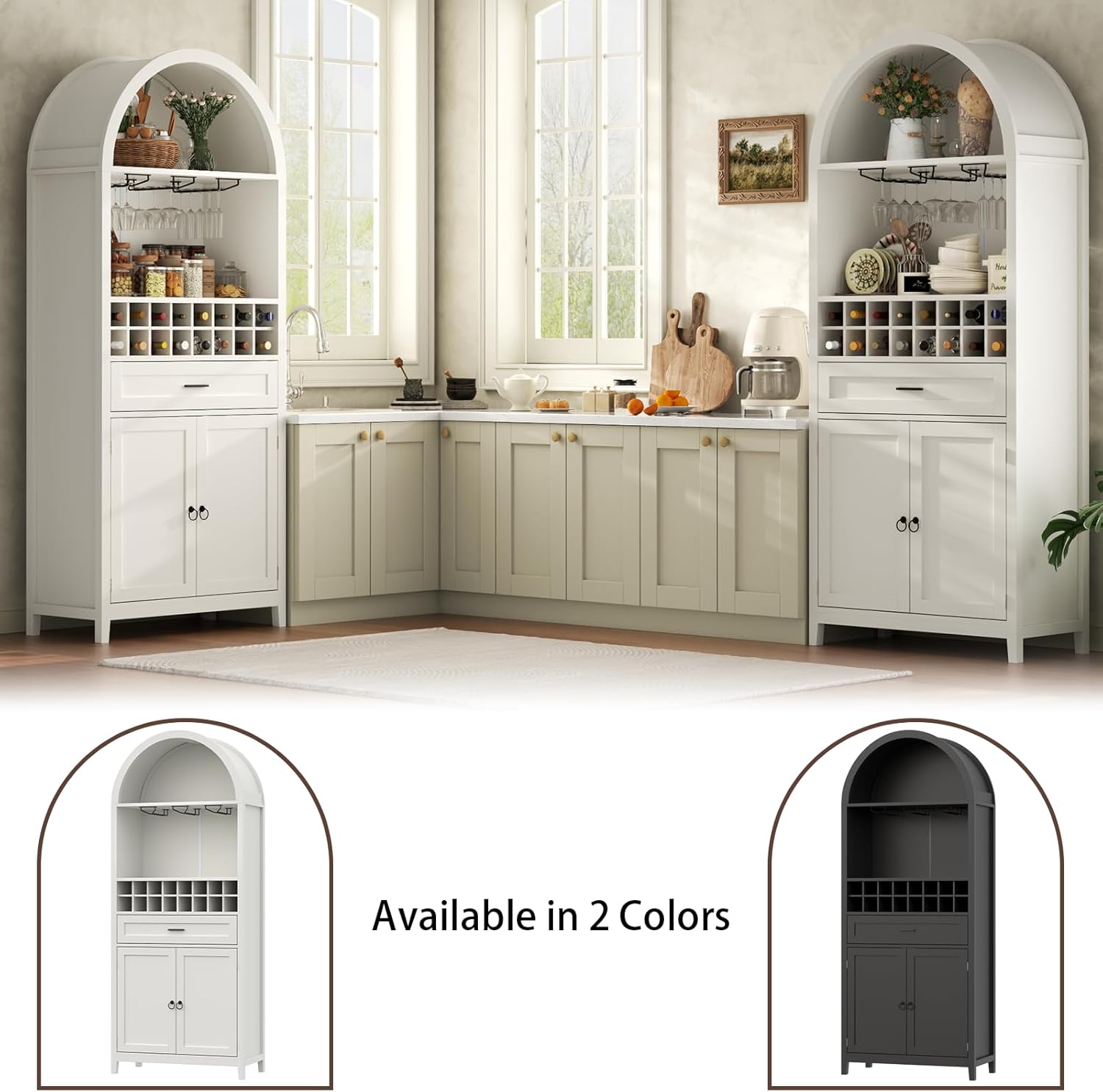 75.7" Tall Arched Wine Bar Cabinet, Bar Cabinets with Glass Holders & Wine Rack, Liquor Cabinet for Home, Kitchen Pantry W/Drawer & Shelves, Versatile Cupboard for Dining Room (White)