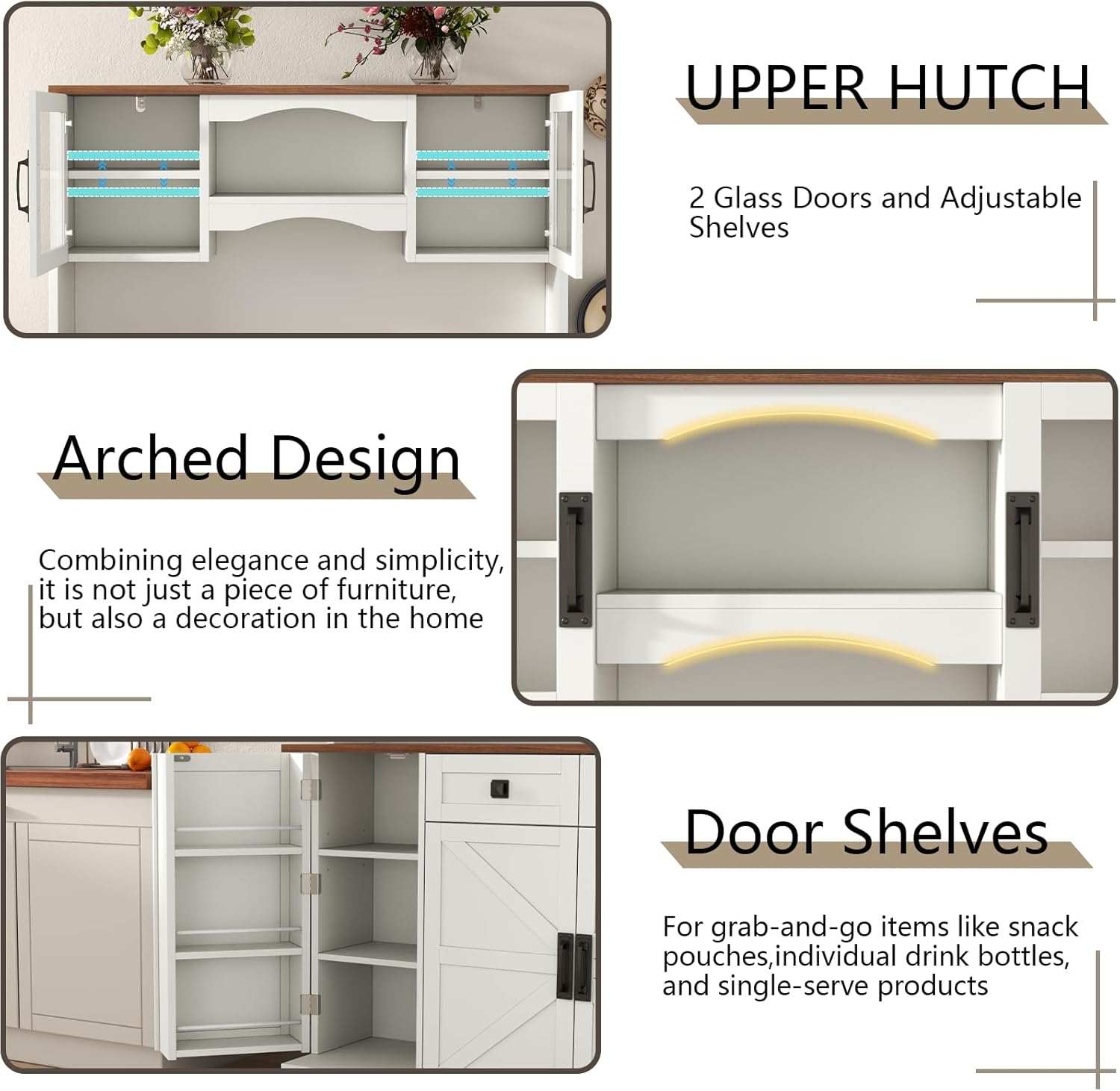 Loomie 59" Farmhouse Buffet Cabinets with Storage,Buffet Sideboard Cabinet with Drawers and Glass Door,Freestanding Coffee Bar with Adjustable Shelves for Dining Room,Kitchen,(White)