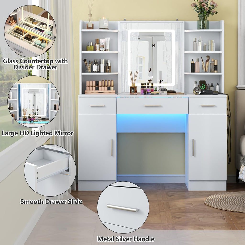 Loomie Vanity Desk with Lighted Mirror & Power Outlet, Makeup Vanity Table with 3 Drawers, 6 Shelves & 2 Cabinets, Tempered Glass Tabletop Dressing Table with LED lights for Bedroom, White (3 Drawers)