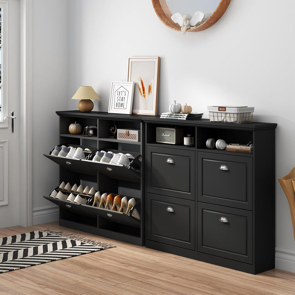 Loomie Shoe Cabinet with 4 Flip Drawers, Freestanding Shoe Storage Cabinet with Open Shelves, Hidden Slim Narrow Shoe Rack Cabinet, Shoe Organizer for Entryway, Foyer, Hallway (Black)