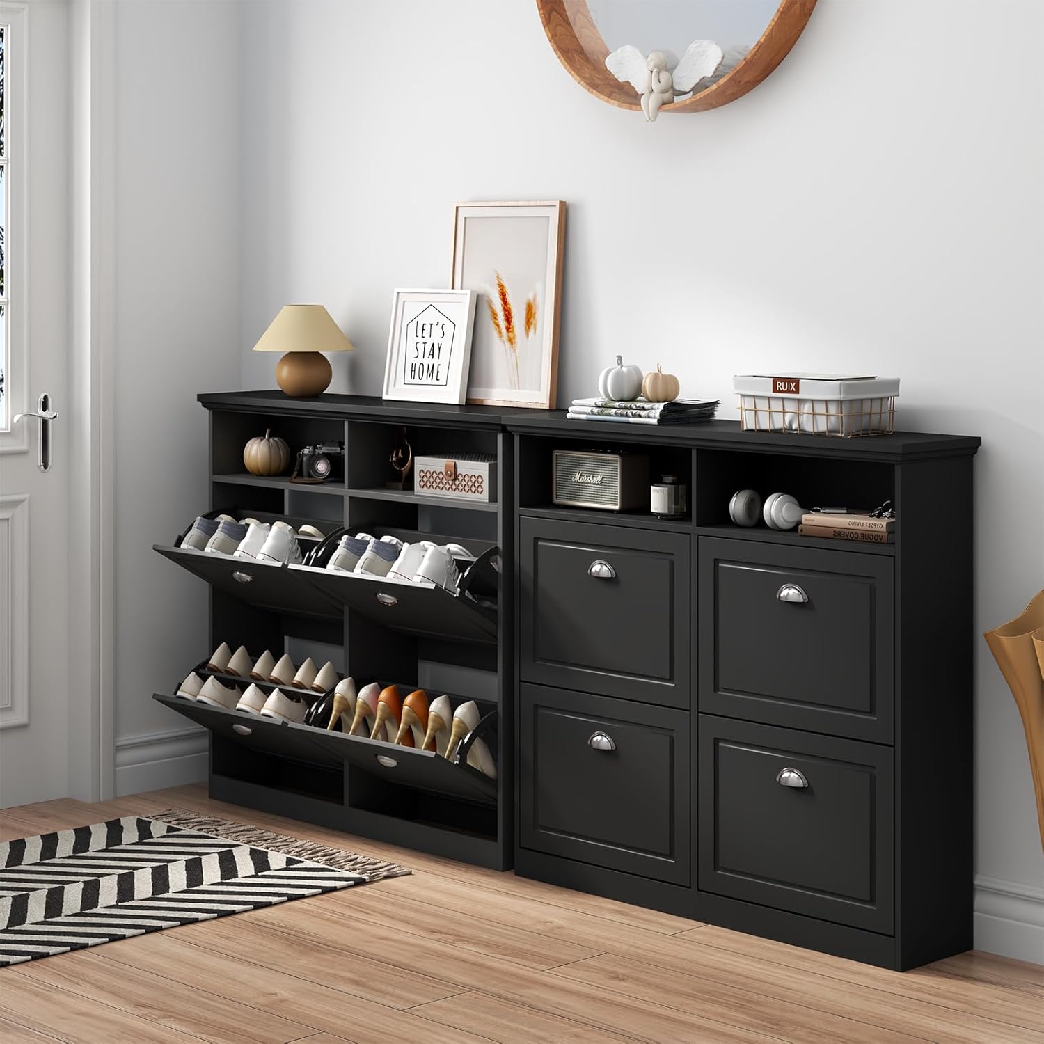 Loomie Shoe Cabinet with 4 Flip Drawers, Freestanding Shoe Storage Cabinet with Open Shelves, Hidden Slim Narrow Shoe Rack Cabinet, Shoe Organizer for Entryway, Foyer, Hallway (Black)