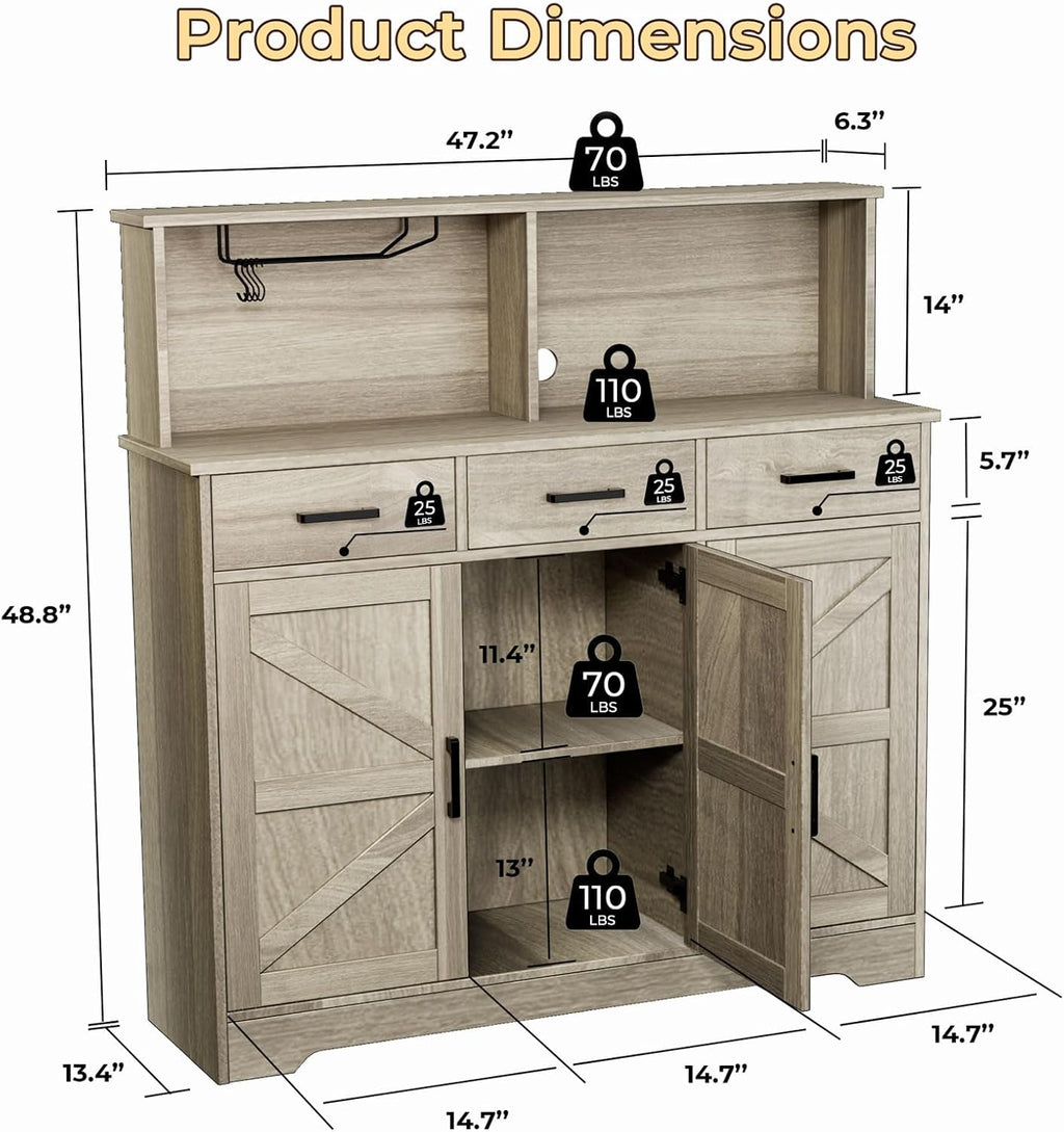 Grey Buffet Sideboard Storage Cabinet - 47" Large Double-Layer Kitchen Pantry Cabinet with 3 Drawers & 3 Doors, Modern Liquor Coffee Bar Buffet Table with Hutch for Dining Living Room
