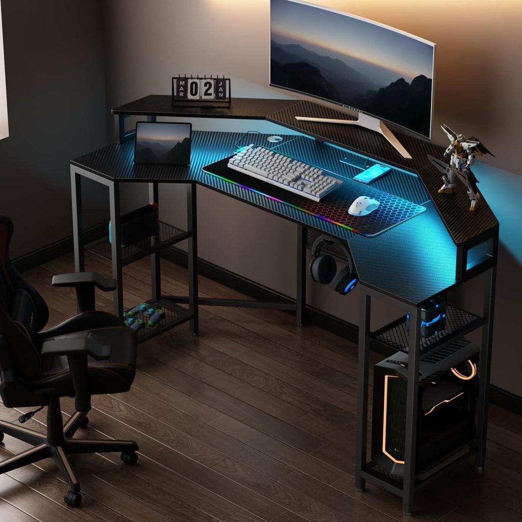 Loomie Computer Desk with Power Outlet & Led Light, 63" Large Wing-Shaped Gaming Desk with Full Monitor Stand, Wireless Charging, RGB Mouse Pad,Headphone Hook,Studio Desk with Storage Shelf for Live
