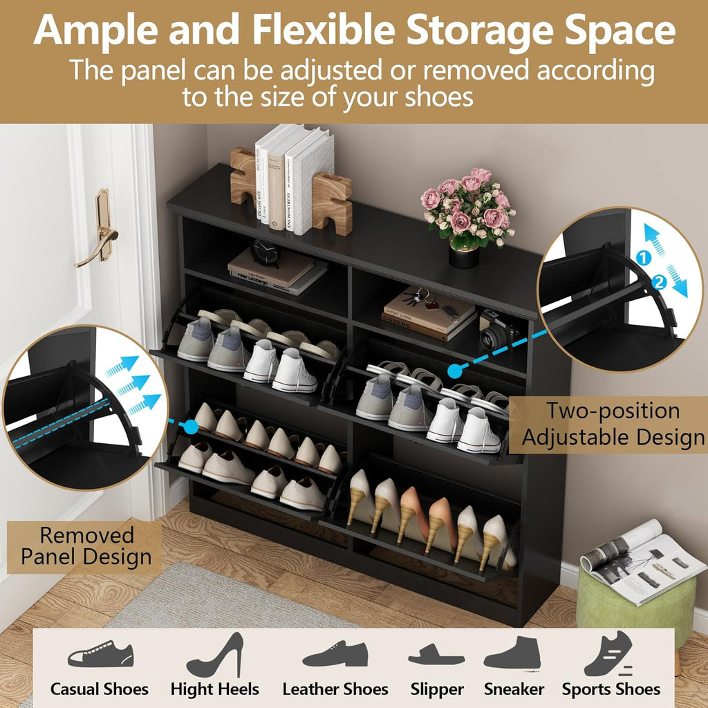 Loomie Shoe Cabinet with 4 Flip Drawers, Freestanding Shoe Storage Cabinet with Open Shelves, Hidden Slim Narrow Shoe Rack Cabinet, Shoe Organizer for Entryway, Foyer, Hallway (Black)