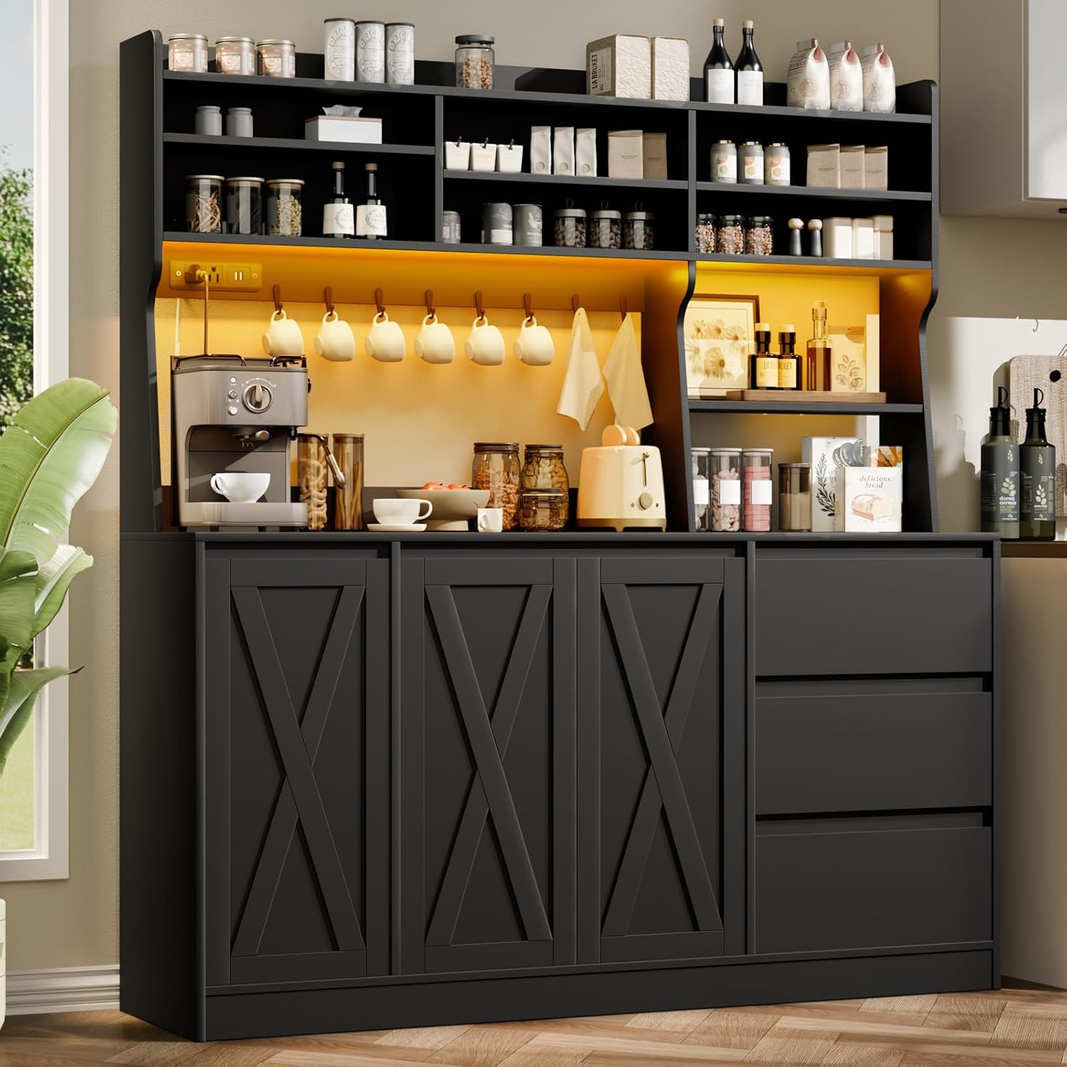 Loomie Farmhouse Sideboard Buffet Cabinet with Storage, 59" Kitchen Storage Cabinet with Power Outlet & LED Light, Coffee Bar w/Microwave Stand & Doors & Drawers & Hooks & Adjusted Shelves (Black)