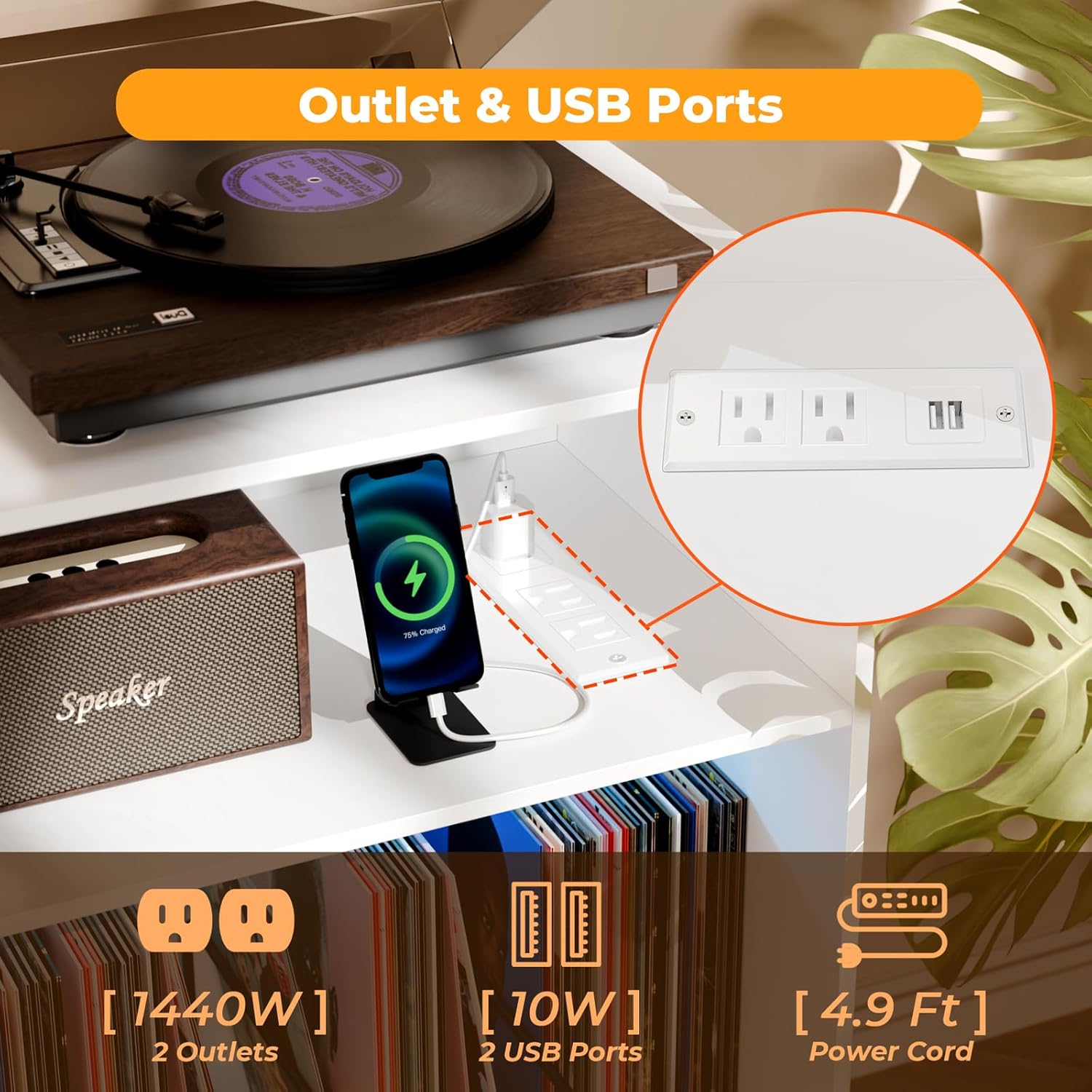 Large White Record Player Stand with Magnetic Door,350 Vinyl Record Storage Cabinet, Record Player Table with Power Outlet and LED Light,Turntable Stand with Wood Legs for Living Room