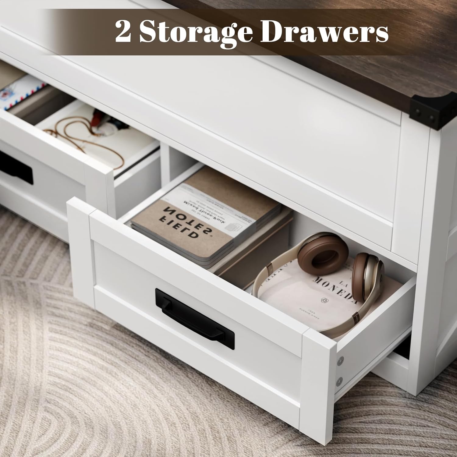 36" Farmhouse Lift Top Coffee Table with Big Cat House, White Wood Square Coffee Table with Storage, Modern Center Table Cat Furniture Condo with Large Hidden Compartment and 2 Drawers for Living Room