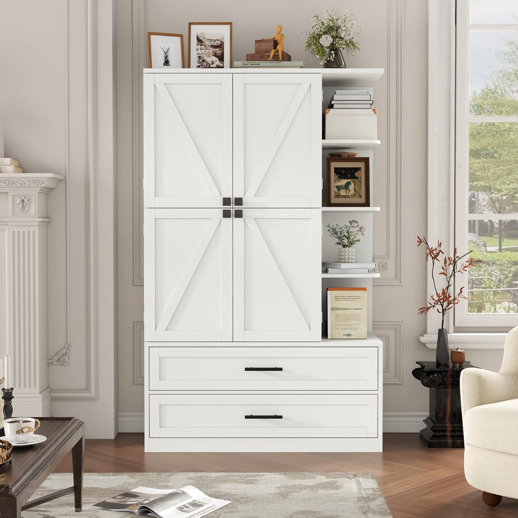 Loomie 66.9" Farmhouse Kitchen Pantry Cabinet, 5 Drawers Storage Cabinet with 4 Side Shelves & 6 Door Shelves, Freestanding Hutch with Doors, Buffet Sideboard, Cupboard for Dining Room, White (White)