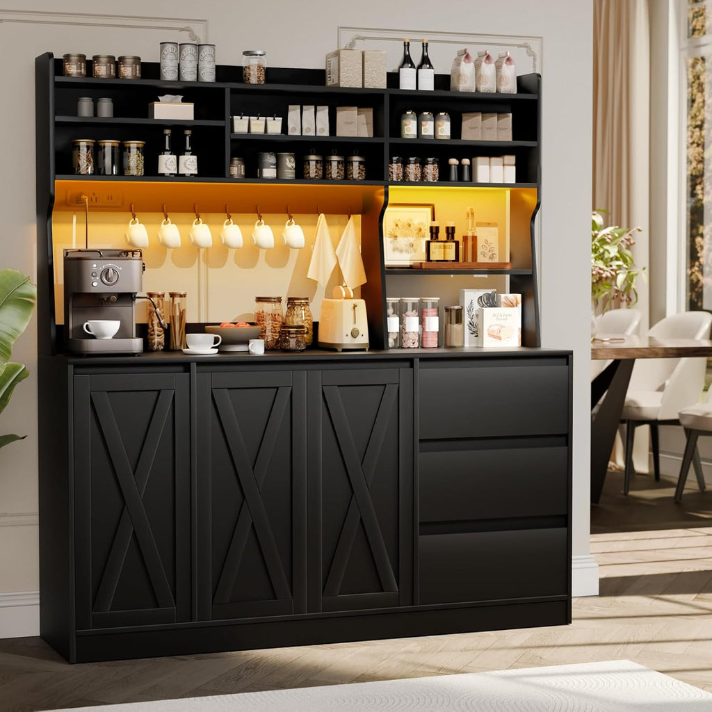 Loomie Farmhouse Sideboard Buffet Cabinet with Storage, 59" Kitchen Storage Cabinet with Power Outlet & LED Light, Coffee Bar w/Microwave Stand & Doors & Drawers & Hooks & Adjusted Shelves (Black)