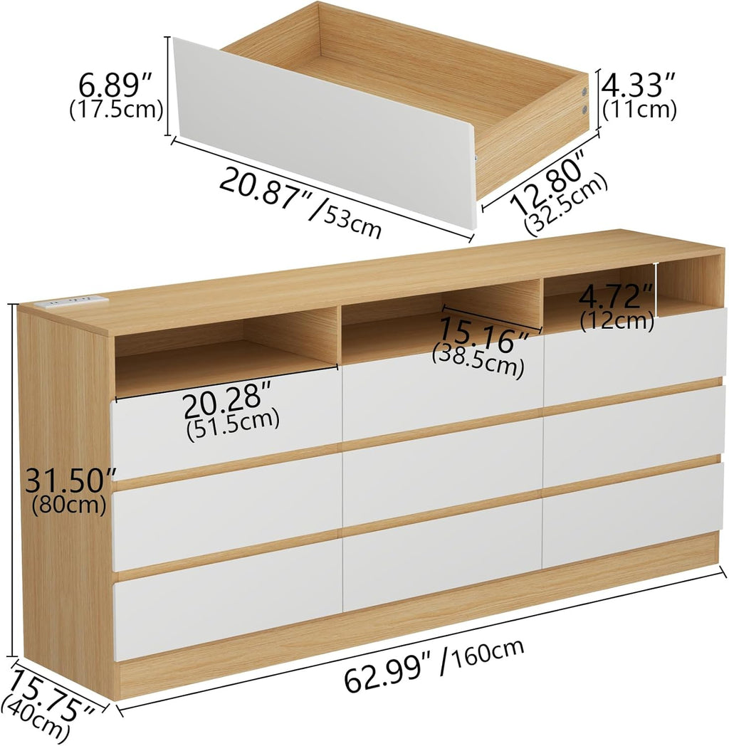 Loomie 9 Drawers Dresser, 63'' White Chests of Drawers with Power Outlet, Accent Large Double Dresser with LED Light, Modern Storage Dresser for Bedroom, Living Room (White&Light Walnut)