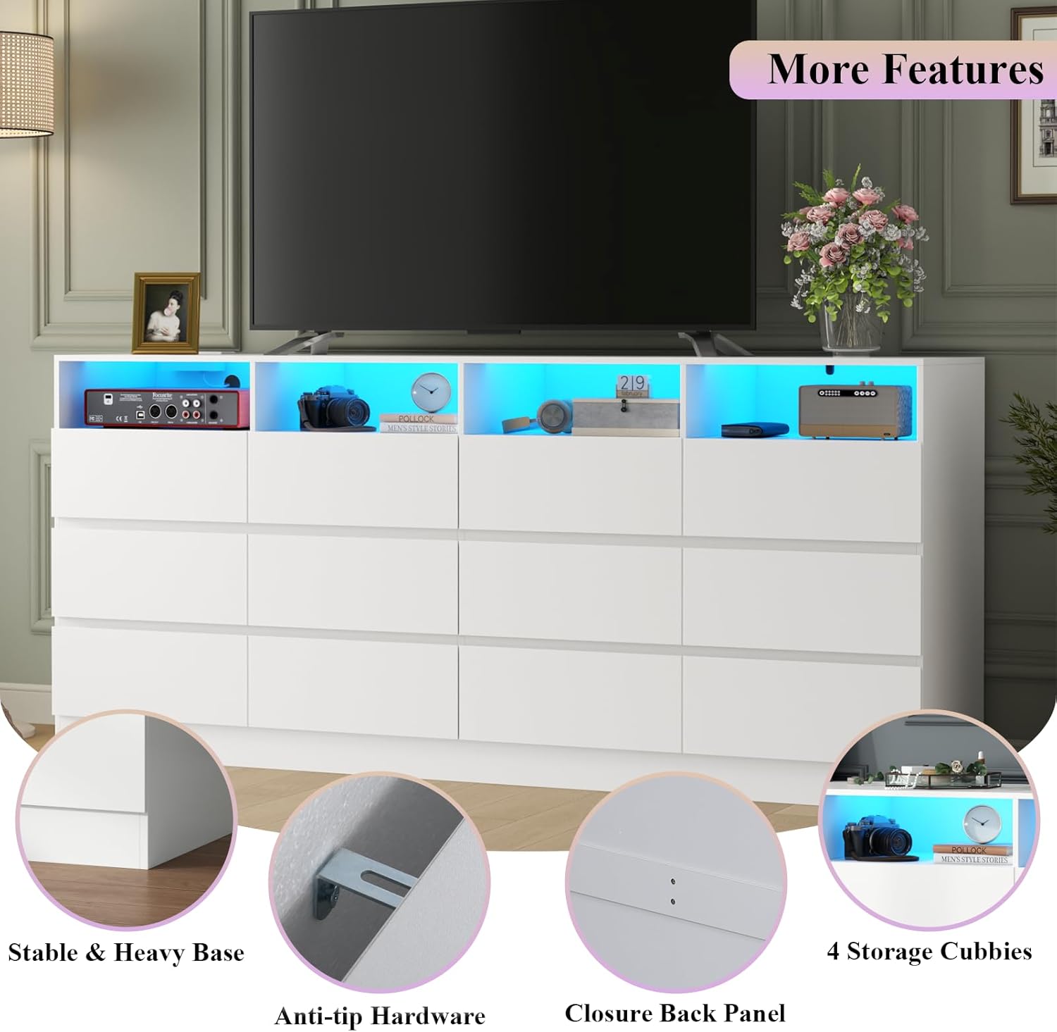 Loomie 12-Cell Divided Drawers White Dresser with Charging Station & Led Lights for Bedroom, Long 63" Wide Dresser TV Stand for TVs up to 75", Large Dressers Organizer with 4 Open Cubbies