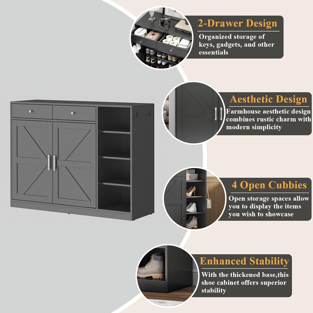Loomie 5-Tier Shoe Cabinet with 4 Side Cubbies, Farmhouse Shoe Rack Cabinet with 6 Adjustable Shelves & 2 Drawers, Freestanding Shoe Storage Cabinet with 4 Brackets & 2 Hooks for Entryway (Black)