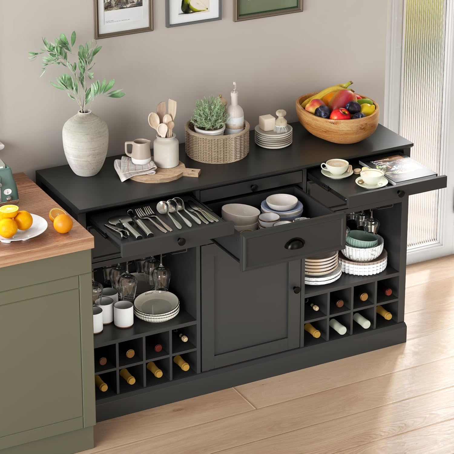 Loomie Wine Bar Cabinet with Pull-Out Trays & Drawers, Liquor Cabinet with Wine Rack & Stemware Holder, Coffee Bar Cabinet with Door & Adjustable Shelf, Kitchen Buffet Cabinet for Home Pub (Black)