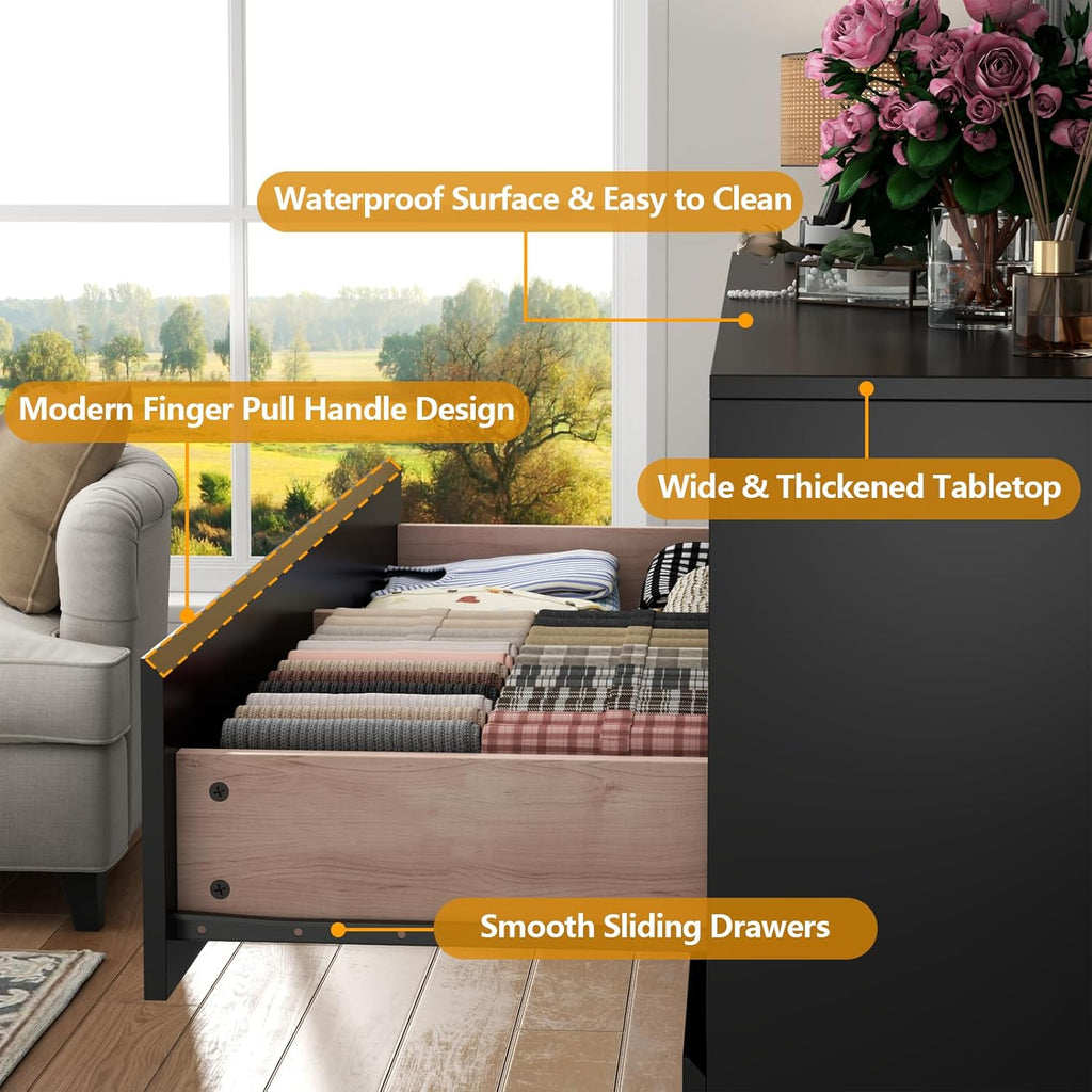 Loomie 12-Cell Divided Drawers Black Dresser with Charging Station & Led Lights for Bedroom, Long 63" Wide Dresser TV Stand for TVs up to 75", Large Dressers Organizer with 4 Open Cubbies