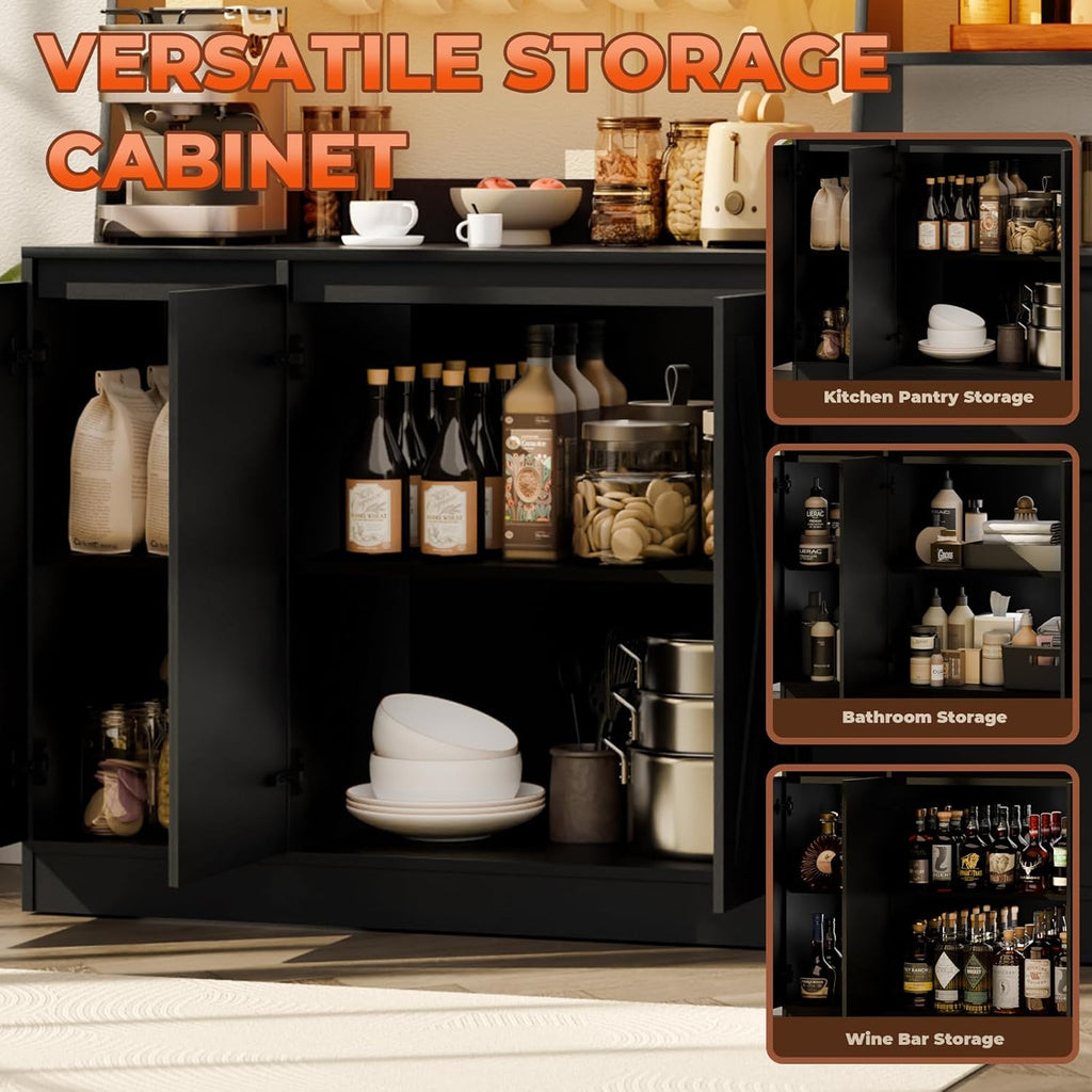 Loomie Farmhouse Sideboard Buffet Cabinet with Storage, 59" Kitchen Storage Cabinet with Power Outlet & LED Light, Coffee Bar w/Microwave Stand & Doors & Drawers & Hooks & Adjusted Shelves (Black)