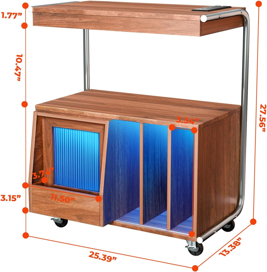 Large Record Player Stand with Sliding Door and Wheels,200 Vinyl Record Storage Cabinet, Record Player Table with Power Outlet & LED Light,Turntable Stand with Wood Legs for Living Room,Bedroom