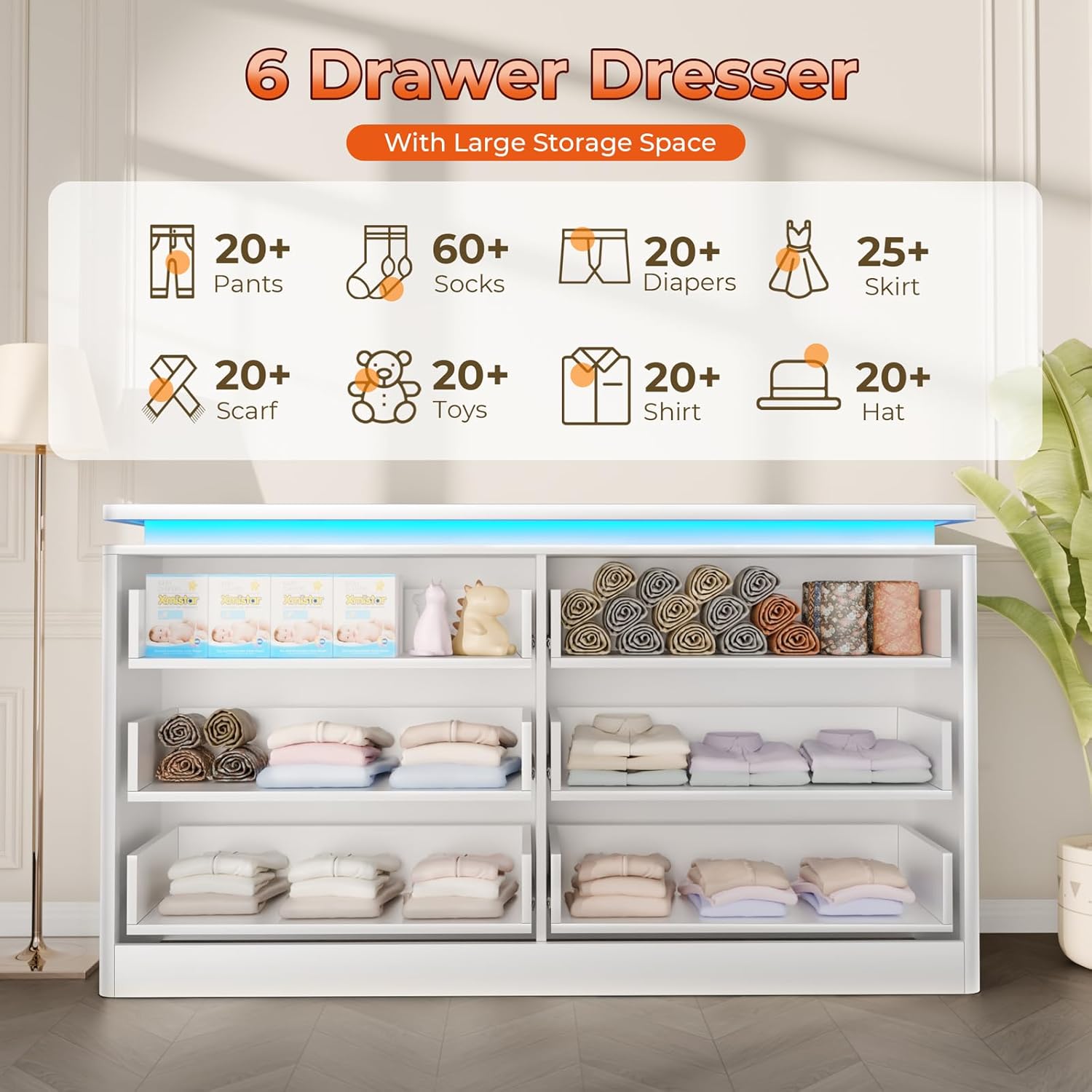 Upgraded 6 Drawer White Dresser for Bedroom, 47.2" Long Chest of Drawers with Charging Station & LED Lights, Wooden Storage Cabinet Dresser for Closet,Modern TV Stand with Deep Drawers