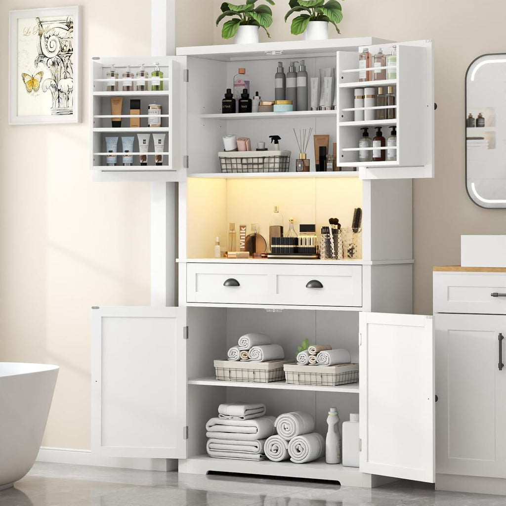 Loomie 72" Farmhouse Kitchen Pantry Cabinet With LED, Operation Table & Power Outlet, Tall Storage With Drawer, Adjustable Shelves for Dining Room (White)