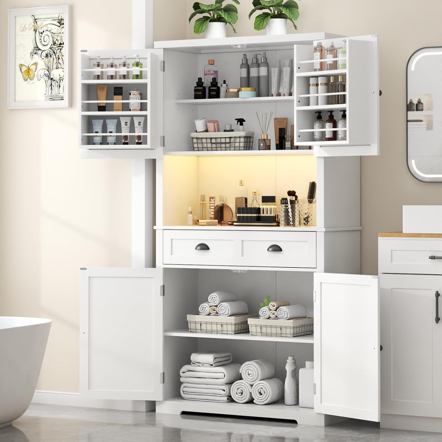 Loomie 72" Farmhouse Kitchen Pantry Cabinet With LED, Operation Table & Power Outlet, Tall Storage With Drawer, Adjustable Shelves for Dining Room (White)