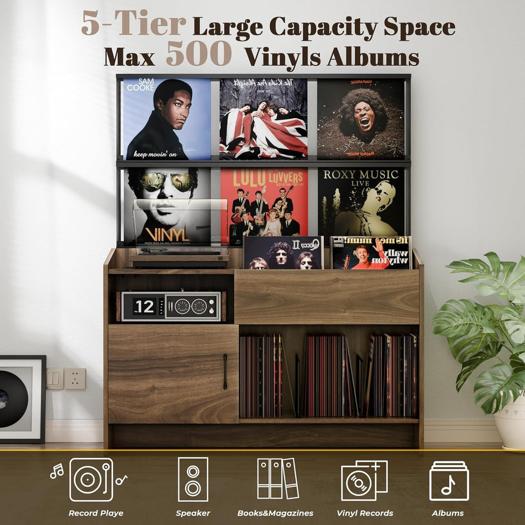 Large Record Player Stand with Vinyl Storage, Record Player Table with Vinyl Record Storage Up to 500 Albums, Turntable Stand with Record Holder Display Shelf, Record Cabinet for Media Stereo Audio