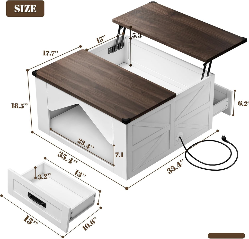 36" Farmhouse Lift Top Coffee Table with Big Cat House, White Wood Square Coffee Table with Storage, Modern Center Table Cat Furniture Condo with Large Hidden Compartment and 2 Drawers for Living Room