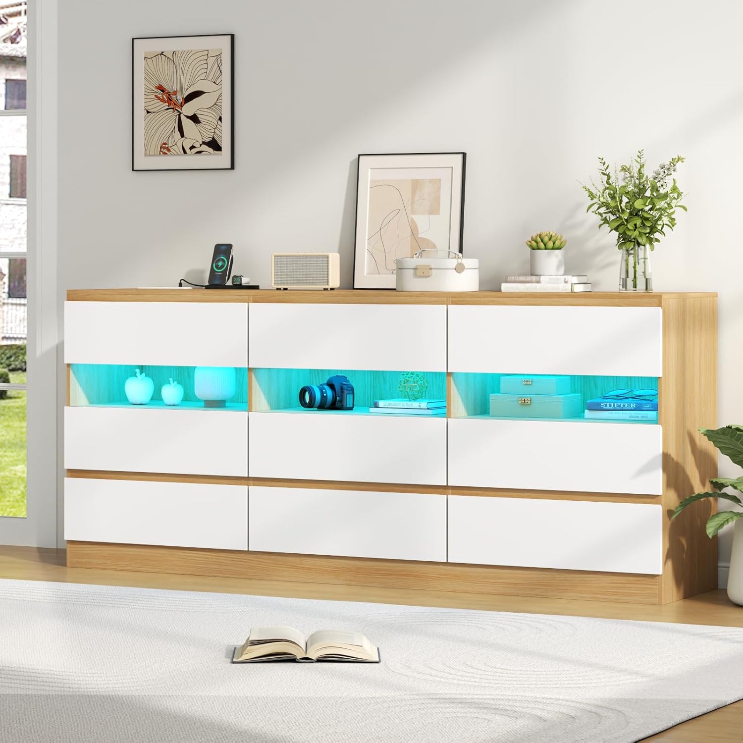 Loomie 9 Drawer Triple Dresser with Charging Station & Led Lights for Bedroom,Long 63" Dresser TV Stand for TVs up to 75",Wide Large Drawer Dressers Organizer with 3 Cubbies for Hallway, Light Wood